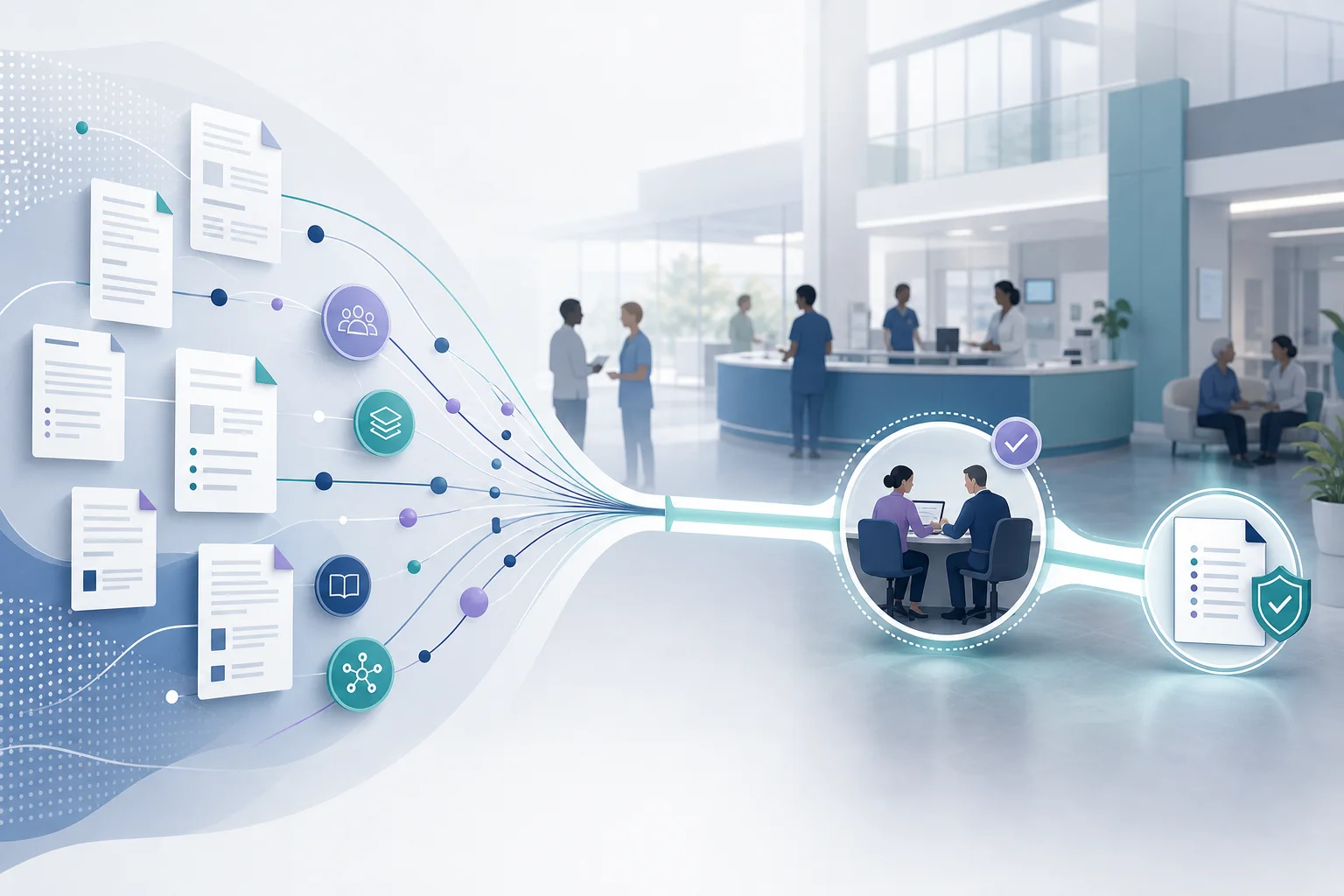 Illustration of health and care policy sources converging into an evidence-backed route with human review